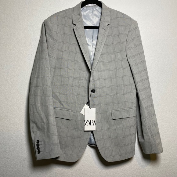 NWT ZARA Mens Grey Plaid Blazer Suit Jacket Size 42 US Wedding Smart Casual Prep